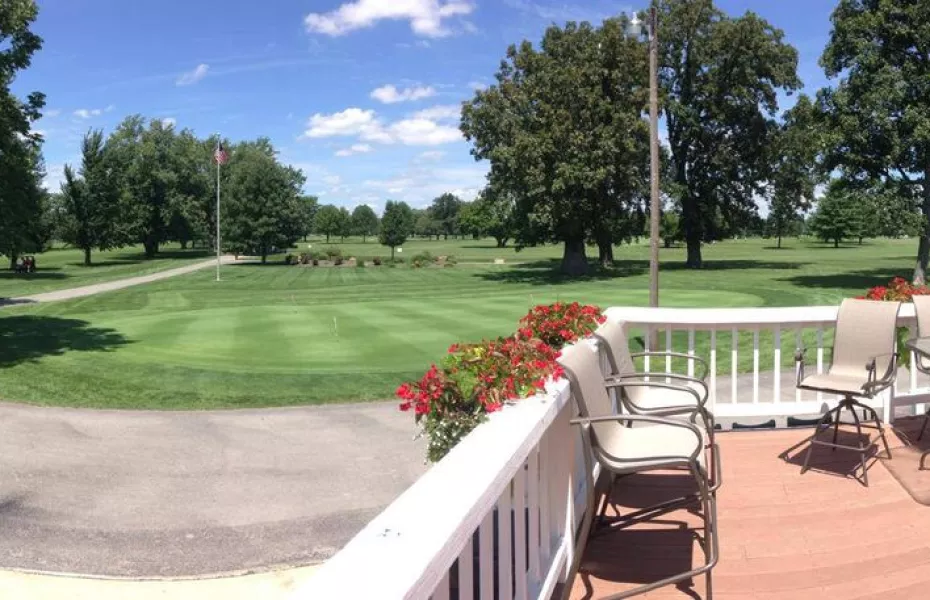 View of the golf course from the clubhouse patio at The Greens